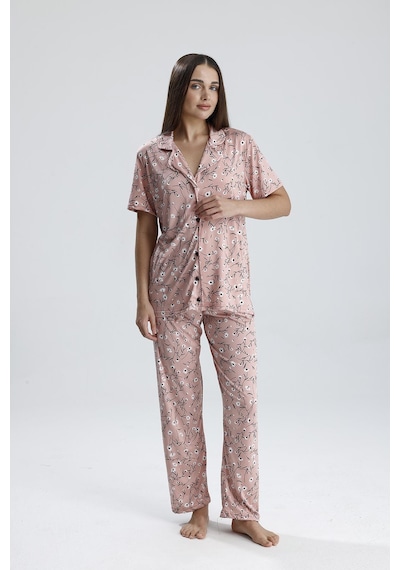 Kompedan Kadın Çiçek Desen Önden Düğmeli Pijama Takım Pembe Pmb Çiçekli
