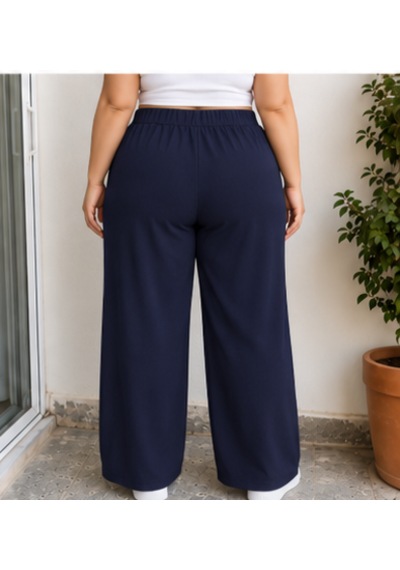 Cocosushicooo Büyük Beden Kadın Lacivert Bol Paça Pantolon Rahat Kesim Lastikli Bel Cepli