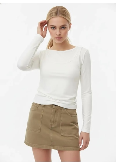 Park Karon 26031 Kadın Geniş Yaka Slim Fit Tasrım Modal Penye Bluz Ekru
