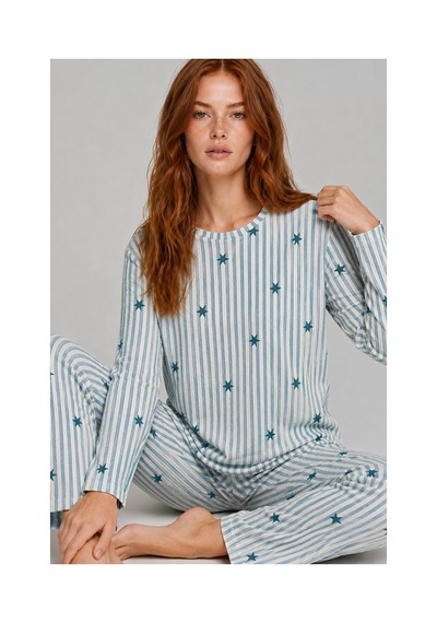 Fit Women Kadın Desenli Nefes Alan Mavi Pijama Takımı 4699