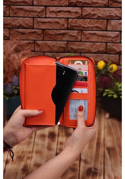 Ozka Leather Collection Telefon Bölmeli Unisex Deri Uzun Kartlık Cüzdan Portföy Turuncu