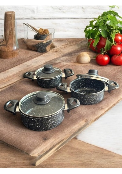 Granit Tencere Seti Cam Kapaklı, Siyah Mermer Desenli 3 Parça Saklama Kabı Ve Pişirme Tenceresi Diğer