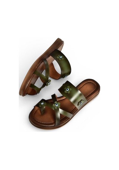 Fox Shoes Y390022603 Yeşil Hakiki Deri Nazar Boncuklu Parmak Detaylı Kadın Terlik Yeşil
