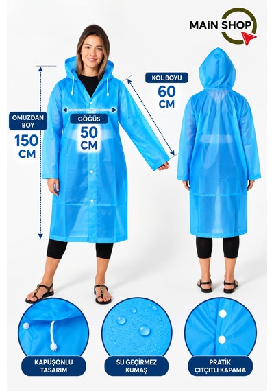 Mainshop Unisex Yağmurluk Kapüşonlu Çıtçıtlı Su Geçirmez Uzun Yağmurluk Kadın Erkek Mavi