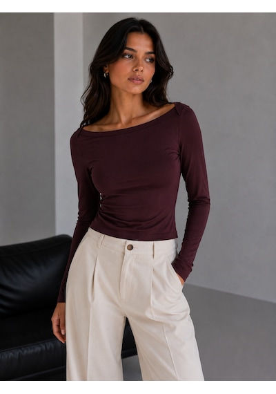 Sortie Collection Geniş Kayık Yaka Uzun Kollu Slim Fit Bluz Mürdüm