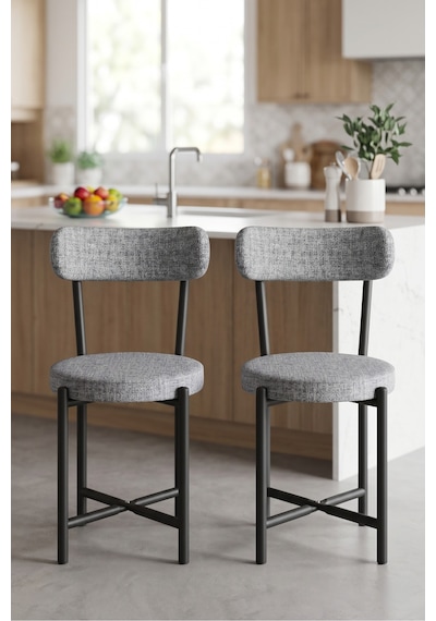 Sandalye 2 Adet Keten Kumaş Metal Ayak Modern Mutfak Sandalyesi Cafe Balkon Ofis Teddy Gri
