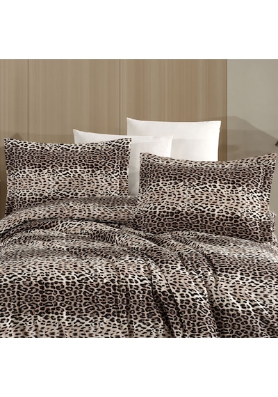 Tek Kişilik Leopar Desen Nevresim Takımı 160x220 2 Yastık Kılıfı Lastikli Çarşaflı 100x200+30 Kahverengi