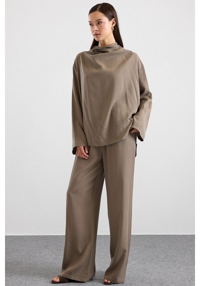 Olcay Degaje Yaka Oversize Pantolon Bluz İkili Takım Haki 9483-tk