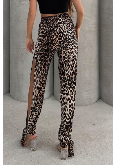 Lesa Wear Leopar Desenli Yumuşacık Yüksel Bel Likralı Yırtmaç Detaylı Jarse Pantolon Flared Leopar