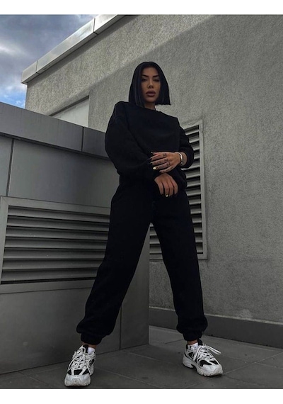 Baskısız Eşofman Takımı Sweatshirt Jogger - Siyah Oversize Şardonlu Bisiklet Yaka Siyah
