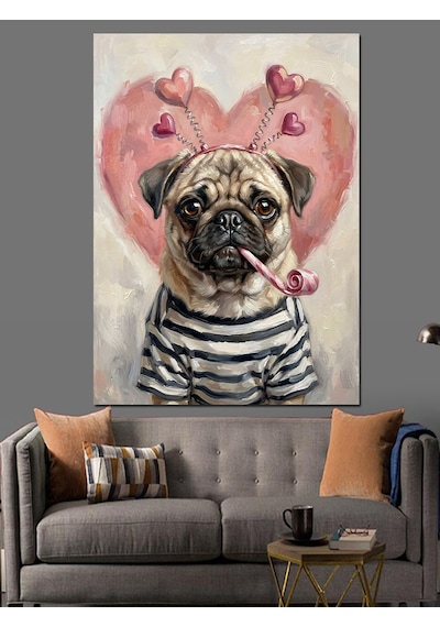 Kalp Gözlüklü Sevimli Pug Köpek Dekoratif Kanvas - Mdf Ahşap Tablo
