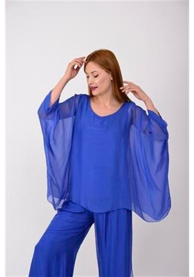 Bohem Stil İtalyan Yarasa Kollu İpek Bluz Saks Mavi