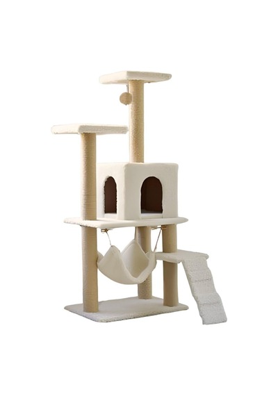 Pet B-07 Hamaklı Yuvalı Lüks Kedi Tırmalama Oyun Evi Beyaz