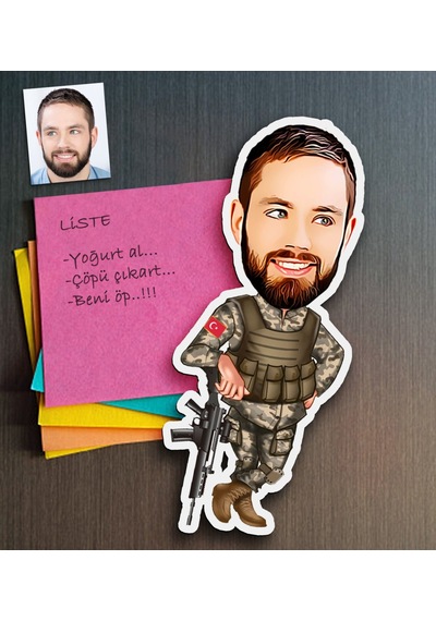 Kişiye Özel Asker Karikatürlü Ahşap Magnet-2 Çok Renkli