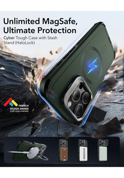 Esr Apple Uyumlu iPhone 16 Pro Cyber Tough Halolock Magsafe Stantlı Silikon Kılıf Green Green
