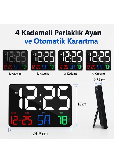 Renkli Led Dijital Duvar Saati 25x16 Cm Büyük Ekran, Siyah Diğer