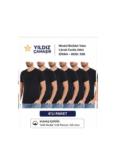 Yıldız Çamaşır Erkek Modal Bisiklet Yaka Likralı Fanila Atlet 335-336-337-338 - 6 Adet Siyah