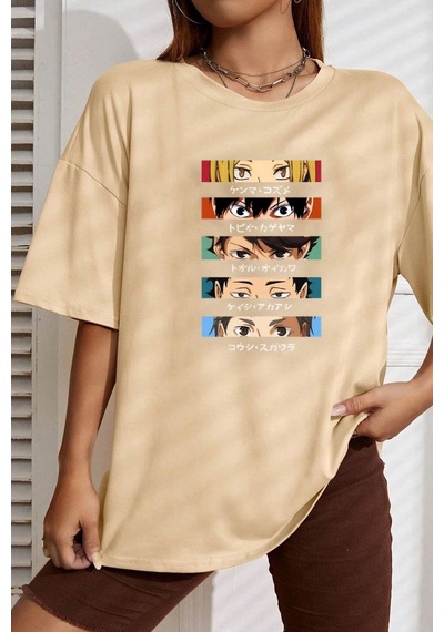 Unisex Cosplay Haikyuu Baskılı T-shirt Bej
