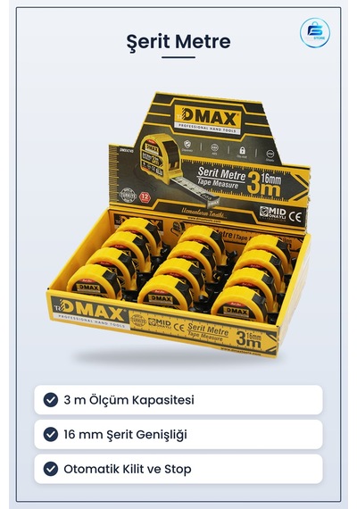 Çelik Şerit Metre 3 M 16 Mm Otomatik Kilitli Stoplu Hırdavat Ev T