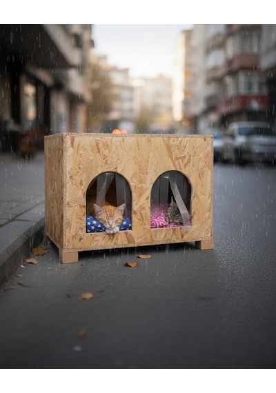 Reyo 2 Bölmeli 2 Minderli Yerden Yüksek Kedi Yuvası Su ve Isı Yalıtımı İç ve Dış Mekan Kedi Barınağı Osb Kedi Evi 61 x 41 x 36 CM CAT51M