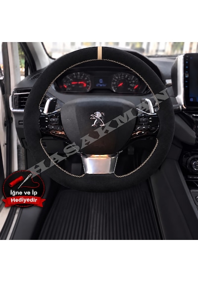 Peugeot 2008 Dikme Direksiyon Kılıfı Full Alcantara Süet Bej Yüzük Ve Bej Dikiş 2019-2023 Siyah