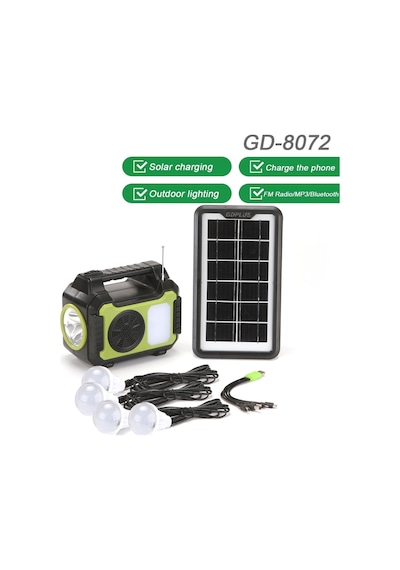 Güneş Enerji Panelli Aydınlatma Sistemi Powerbank Kamp Doğa Balık Karavan Fener Bluetooth Hoparlör Siyah-yeşil