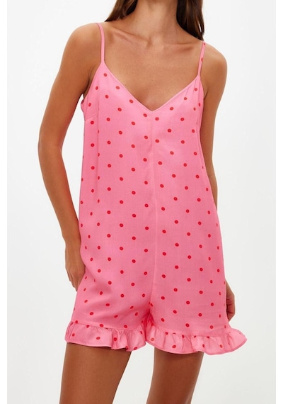 Ersefa Kadın Moda Boru Paça V Yaka Puantiyeli Desen Kısa Puantiyeli İp A Pembe