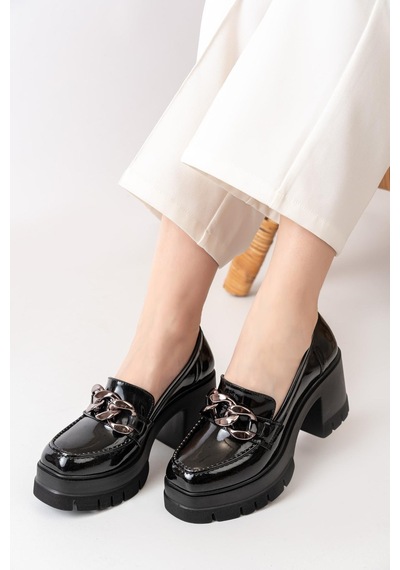 Asmi Shoes Kadın Zincir Tokalı Karmi 8 Cm Topuklu Loafer Platformlu Ayakkabı Siyah Siyah