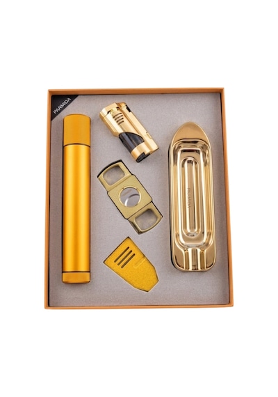 Parmida 3 Torch Çakmak Tüp Sehpa Küllük Kesici Gold Beşli Puro Seti Tr9875