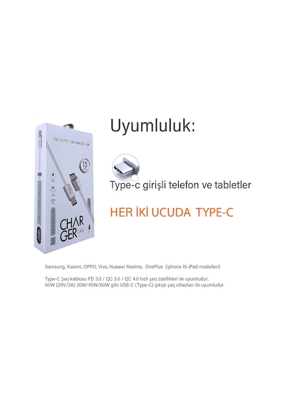 Diğer - Beyaz - Samsung Uyumlu A53 A54 A55 A56 A57 Hızlı Şarj Kablosu Type-c - Type-c Şarj Kablosu 60w