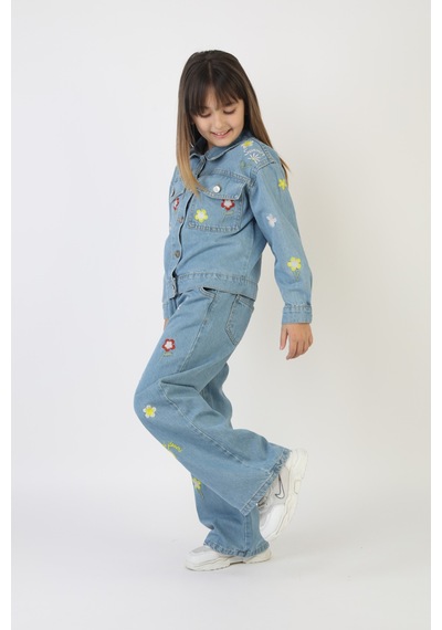 Moonch Papatya Ve Çiçek Nakışlı Kız Çocuk Denim Ceket&pantolon Takım Mavi