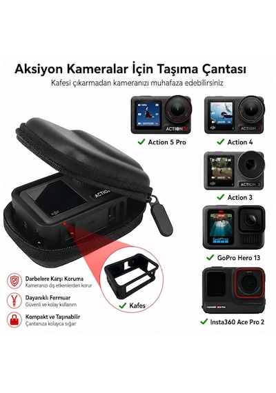 Knmaster Aksiyon Kamerası Taşıma Çantası Djı / Insta360 Kameralar Uyumlu Sert Koruyucu Çanta Siyah