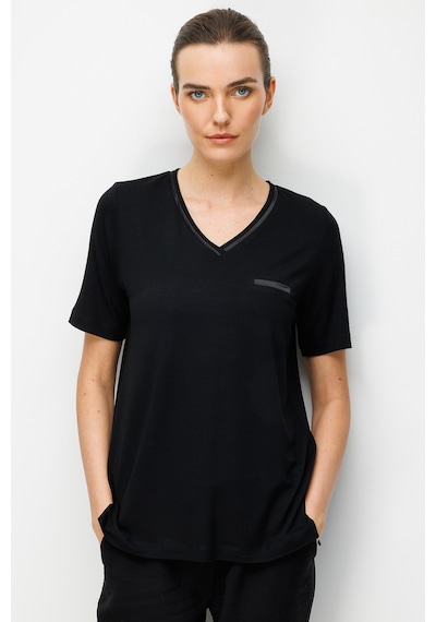 Desen Triko Kadın V Yaka Cebi Saten Şeritli Penye T-shirt 26828 Siyah Siyah