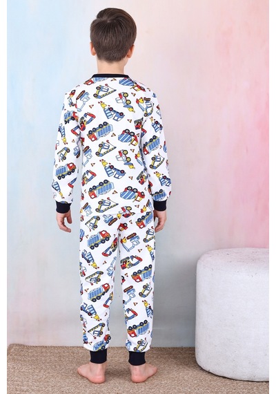 Modanino Erkek Çocuk İş Makineleri Baskılı Pijama Takımı 1-7 Yaş 12291 Beyaz