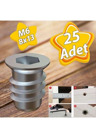 Metal Düz Dişli Dübel Ahşap Dübeli M6 8x13 Diş Çinko Mobilya Bağlantı Ünite Birleştirme 25 Adet