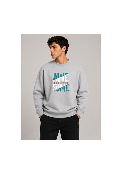 Herkesemoda Awesome Baskılı Bisiklet Yaka Şardonlu 2 İplik Sweatshirt Gri