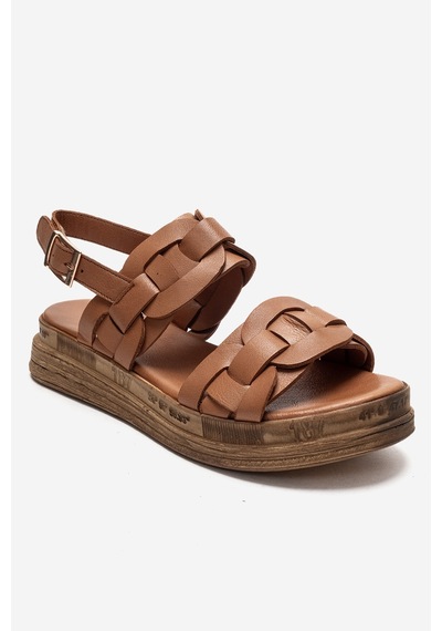 Luvishoes Elvoro Taba Hakiki Deri Örgü Bantlı Kadın Sandalet