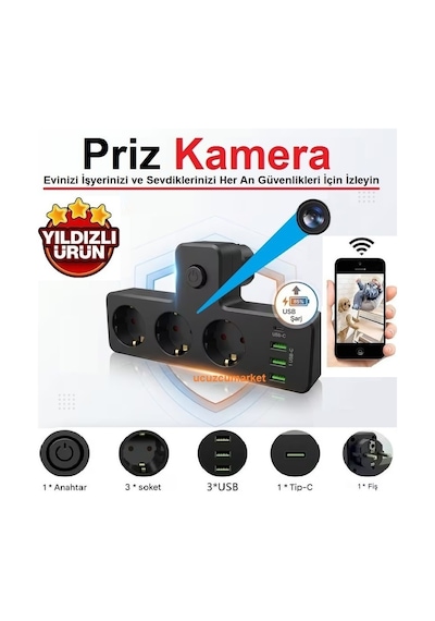 3'lü Akım Korumalı Priz Wifi Ev Güvenlik Kamerası Dünyanın Heryerinden Canlı İzlenir+kayıt Yapar
