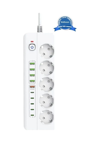 3500w Akım Korumalı 5 Li Grup Priz: 5x Usb + 5x Type-c Çıkışlı 2 Metre