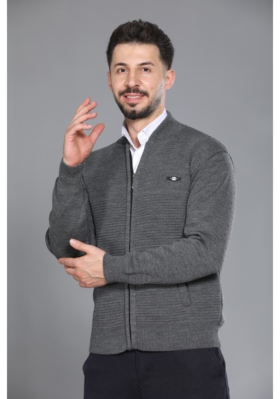 Kzctekstil Erkek Baba Ve Orta Yaş Triko Örgü Çift Cepli Akrilik Klasik Fit Fermuarlı Hırka Gri
