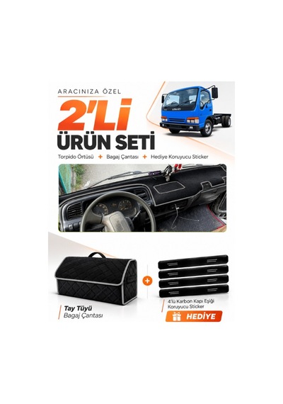 Isuzu Nkr Wıde 1997-2005 Uyumlu Torpido Örtüsü + Tay Tüyü Bagaj Çantası + Sticker Seti - Siyah Gri