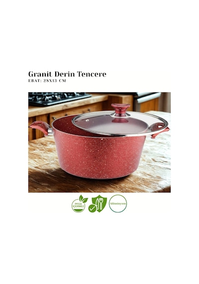 10 Parça Granit Set Cam Kapak - Kırmızı Kırmızı