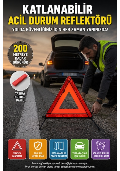1 Adet Katlanabilir Üçgen Acil Durum Reflektörü Metal Ayaklı Taşıma Kutulu Araç Uyarı Üçgeni Kırmızı