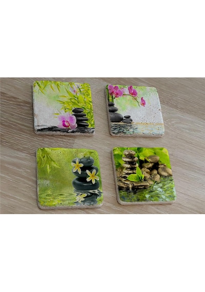 Spa Taşları Ve Orkide Doğal Taş Bardak Altlığı 4'lü Set - Natural Stone Coasters - Taş Çok Renkli