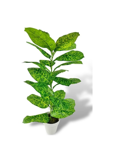Yapay Çiçek Difenbahya Tropik Sarı Benekli 80cm 23 Yapraklı Salon Çiçeği Beyaz Saksılı Yapay Bitki