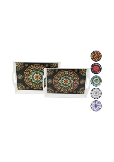 Mennur Home Mnr-139 2'li Set Dikdörtgen Lotus Tepsi Kulplu, Renkli Desenli - 12'li Paket