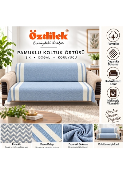 Özdilek Pamuklu Kaymaz Zigzag Koltuk Örtüsü 170x210 - İndigo İndigo Mavi