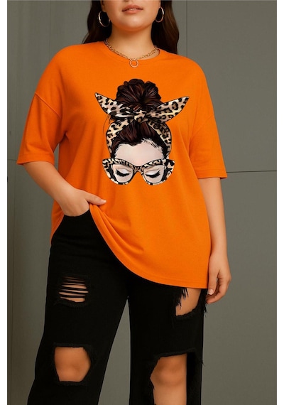 Ceny Kadın Büyük Beden Battal Baskılı Bisiklet Yaka Pamuklu T-shirt Rahat Kesim Unisex Sevgili Kombini Turuncu