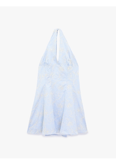 Koton Brodeli Floral Nakış Detaylı Slim Fit Sırt Dekolteli Halter Yaka Çizgili Mini Elbise Mavi Çizgili 6sak80136ew
