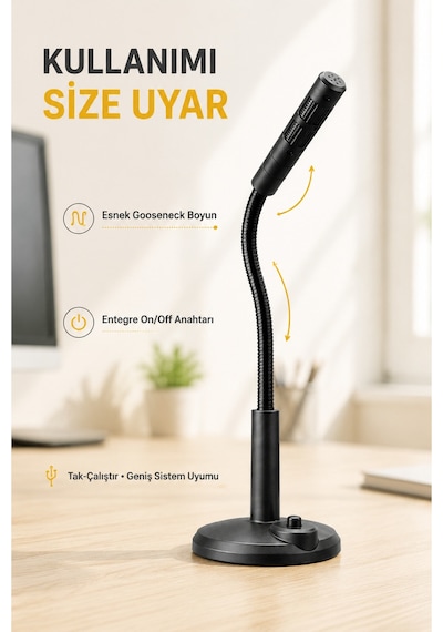 Masaüstü Pc Mikrofonu 3.5 Mm Jack Esnek Boyunlu Açma Kapama Tuşlu Oyun Yayın Ve Ders Mikrofonu Siyah Tak-çalıştır